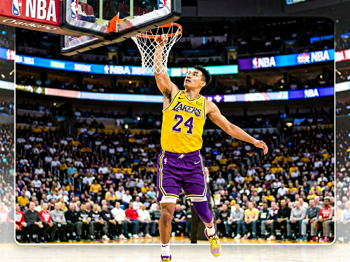 NBA比赛中湖人队球员突破上篮的精彩画面
